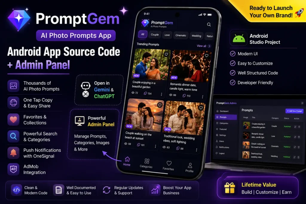PromptGem – AI Photo Prompts Android App with PHP Admin Panel